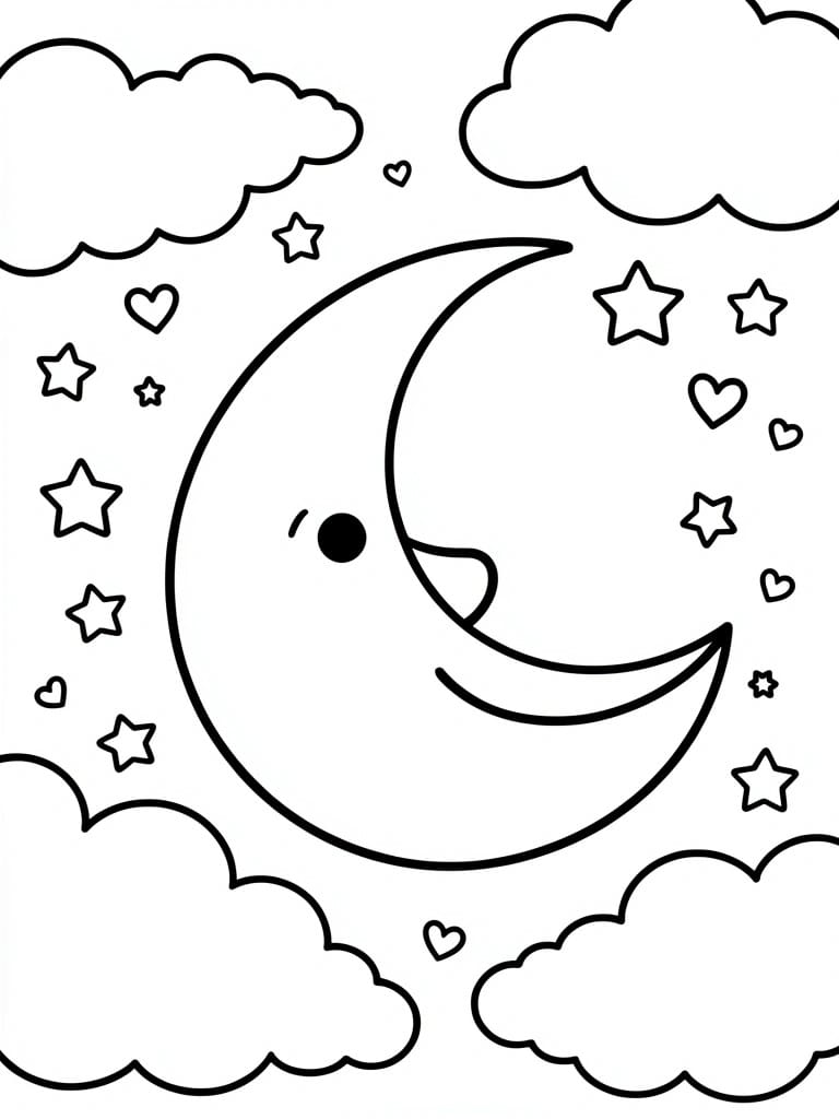 Black outline coloring page featuring a smiling crescent moon face amid stars, hearts, and puffy clouds.
