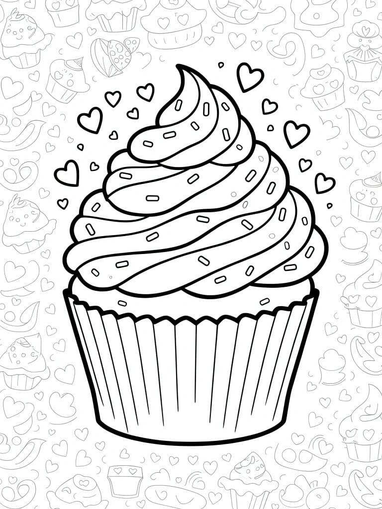 Line drawing of a large cupcake with swirly icing, sprinkles, and surrounding hearts plus small cupcakes in the background.
