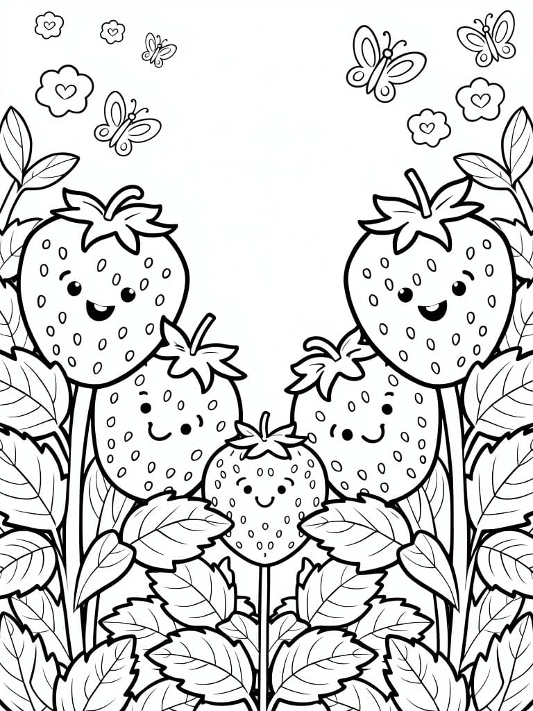 Line art of four smiling strawberries posed as a family on stems amid leaves, butterflies, and hearts.
