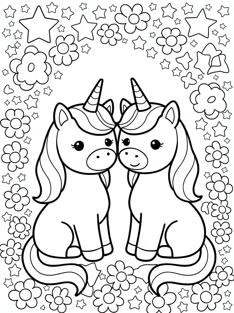 Line drawing of two facing unicorns with horns, manes, and tails, bordered by stars and flowers.