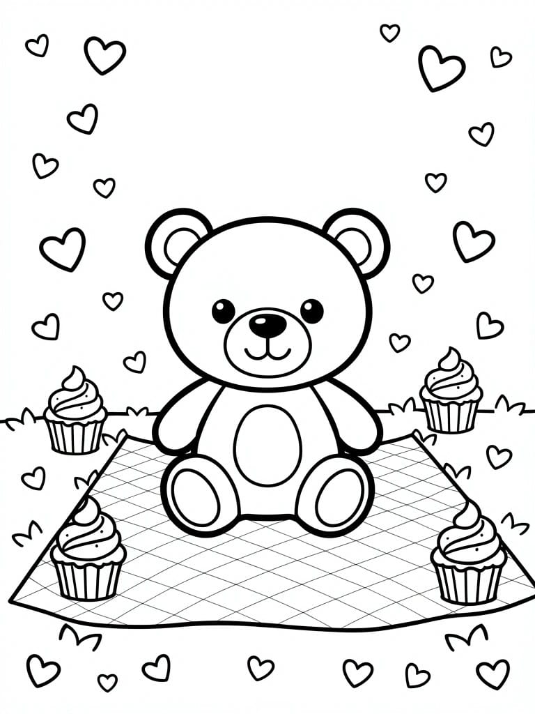 Line art coloring page featuring a teddy bear on a checkered picnic blanket surrounded by cupcakes, grass patches, and scattered hearts.