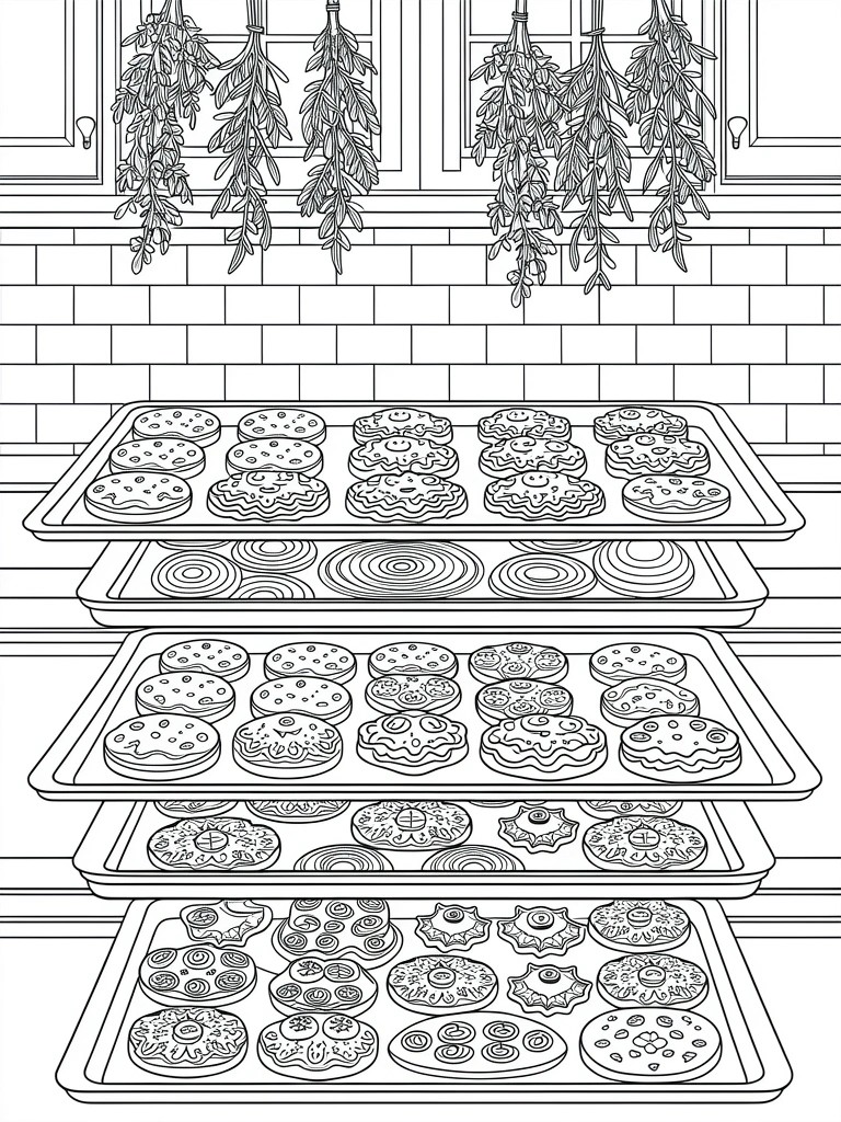 Coloring page featuring four stacked baking trays full of patterned donuts under a kitchen window with hanging herbs and tiled walls.