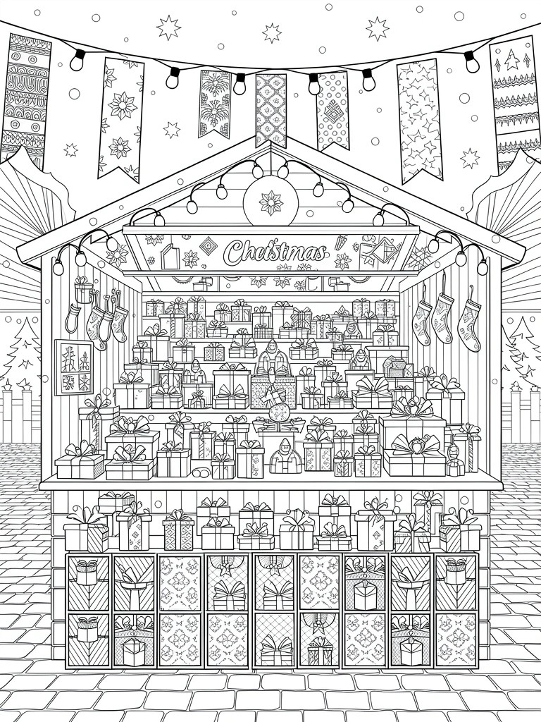 Line drawing of a front-facing Christmas market stall loaded with stacked wrapped gifts, stockings, trees, banners, and lights on a cobblestone path.