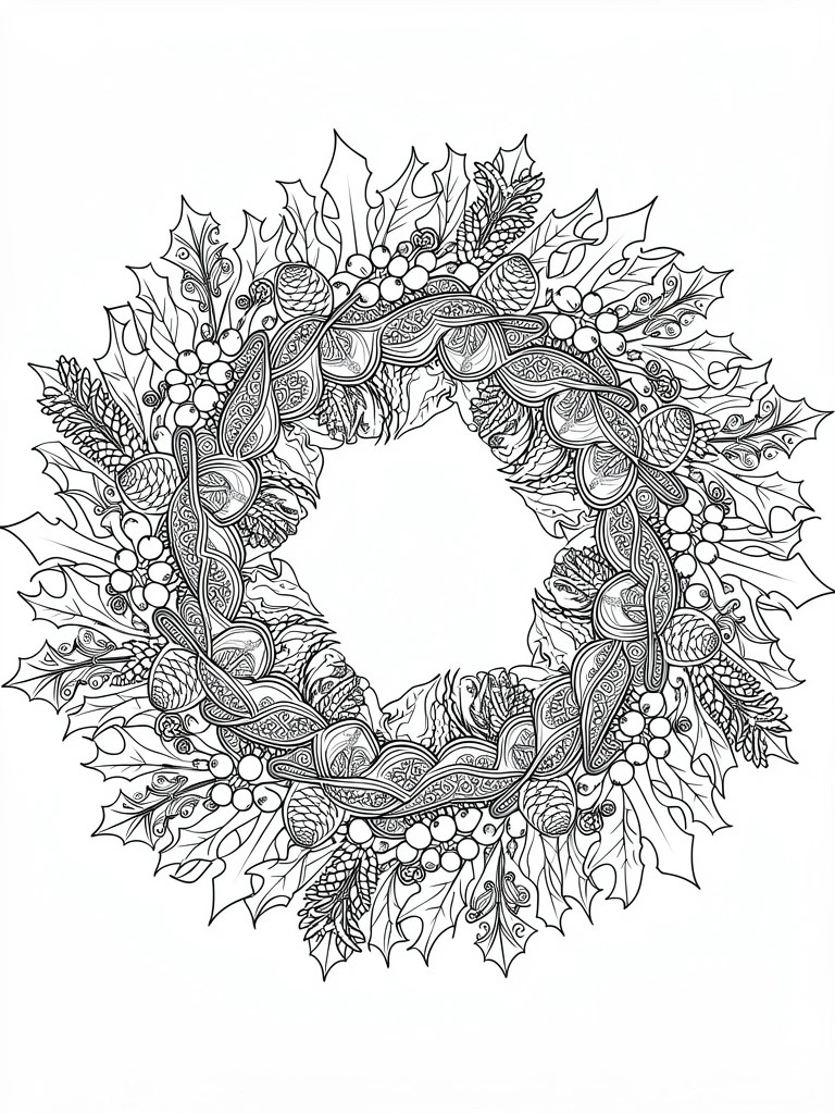 Line art of a detailed circular Christmas wreath with holly leaves, berries, pine branches, and patterned pinecones.