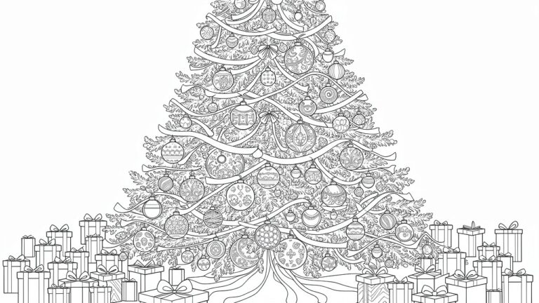 Black line drawing of a tall decorated Christmas tree with intricate ornaments, star top, and gift boxes at the base.