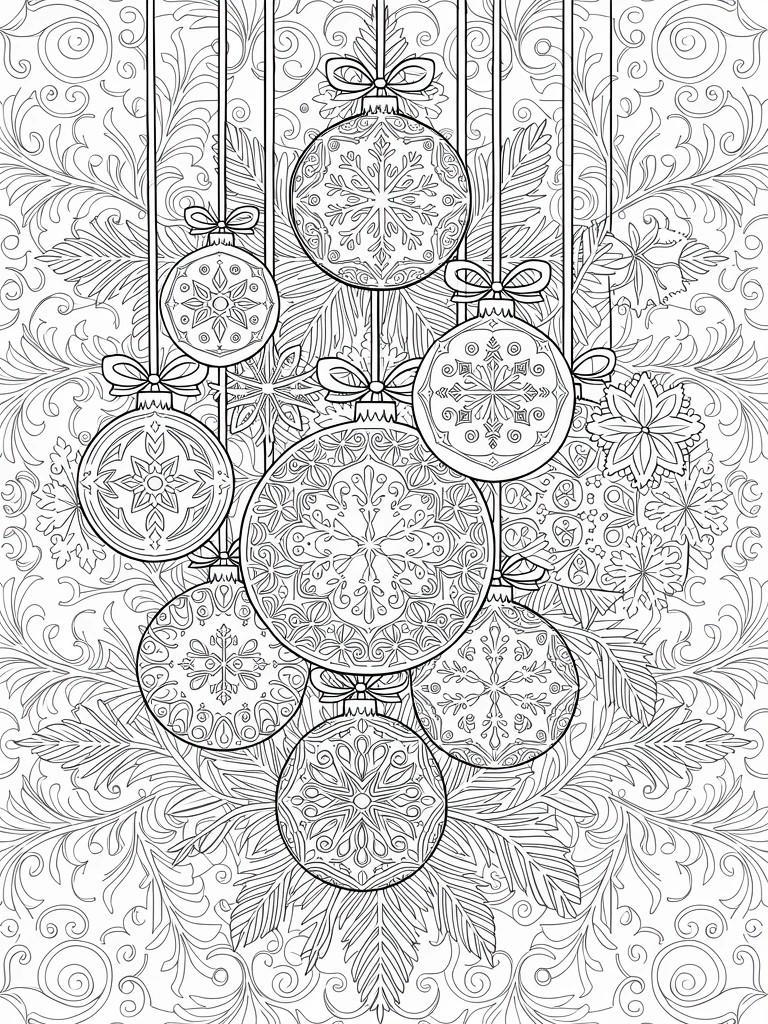 Black and white line art of clustered hanging Christmas ornaments featuring snowflakes, mandalas, and ribbons amid swirling leaves.