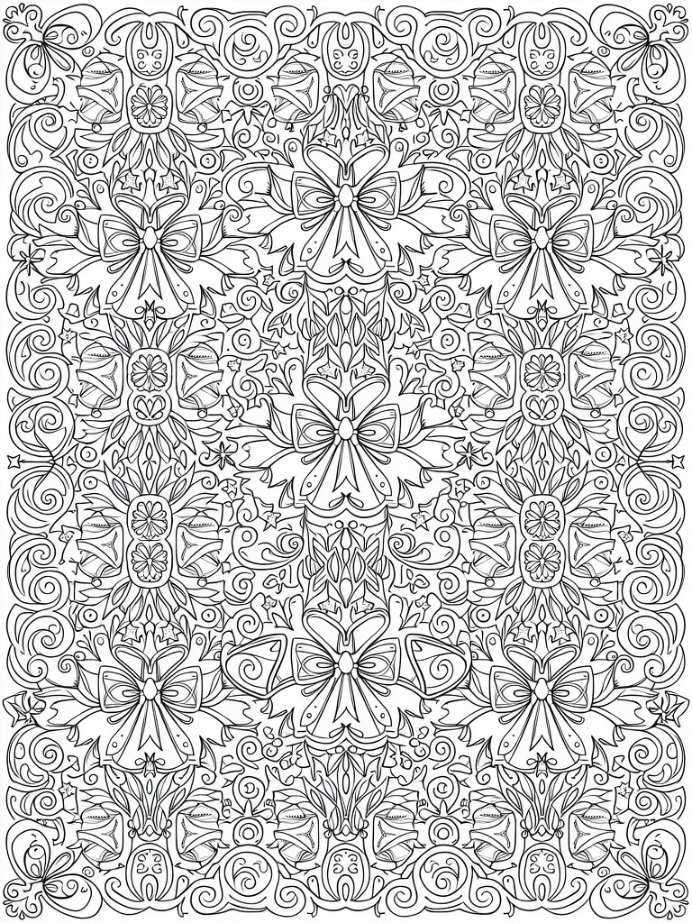 Black and white coloring page with symmetrical stylized leaves topped by bows amid dense swirling vine and curl patterns.