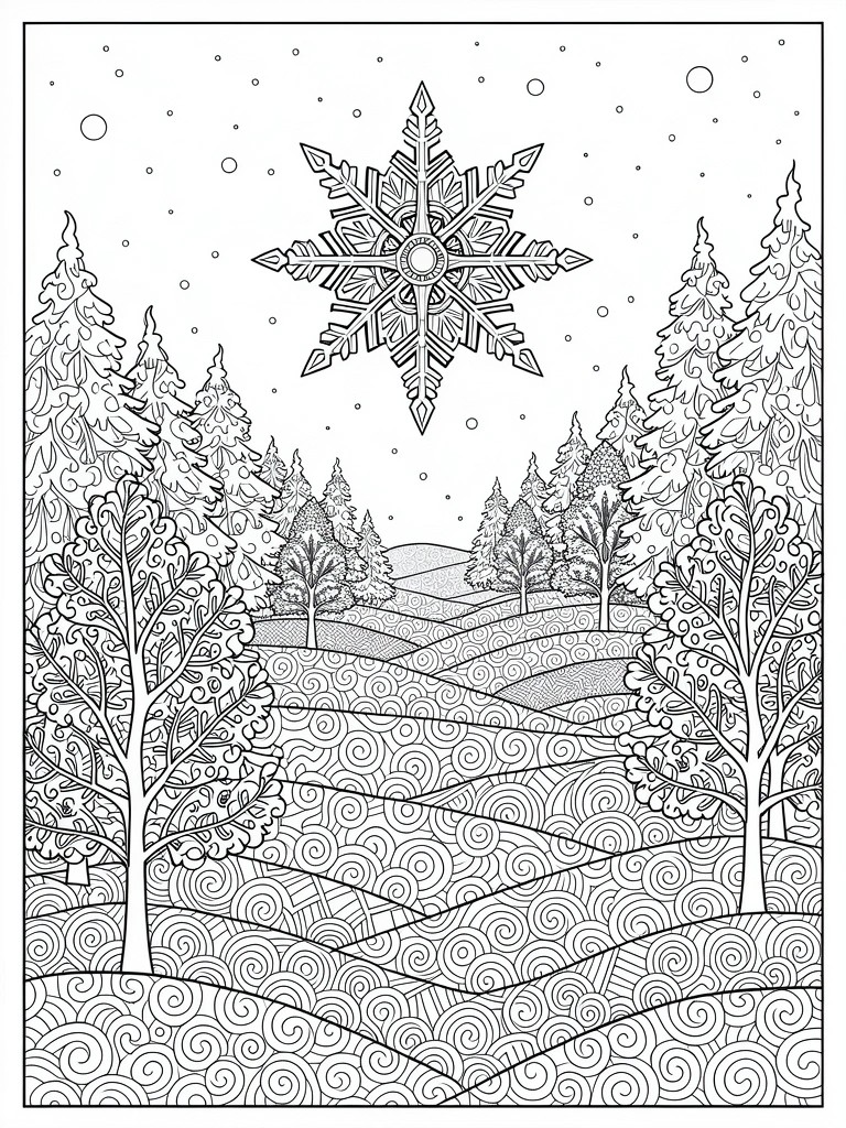 Coloring page featuring a large detailed snowflake above symmetrical evergreen trees framing patterned rolling hills.