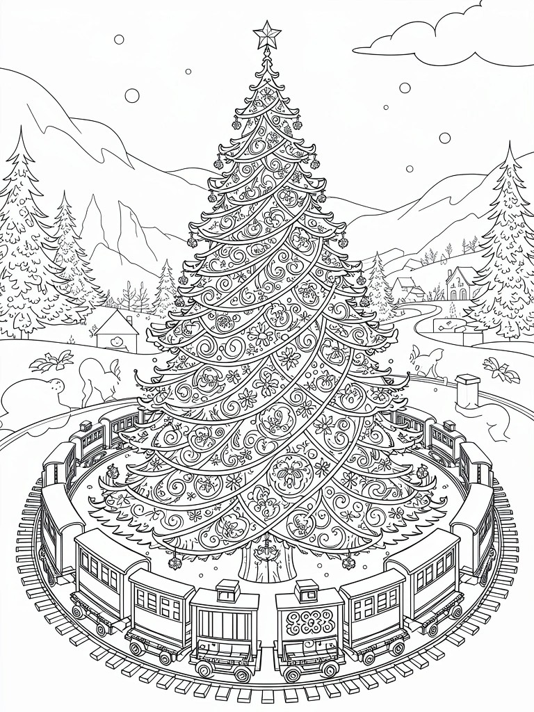 Coloring page featuring a large ornate Christmas tree encircled by a toy train in a snowy landscape with mountains, trees, village, and bears.