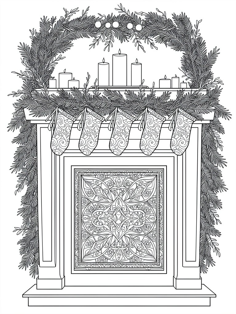 Line drawing of a decorated Christmas fireplace mantel with arched garlands, candles, hanging stockings, and patterned fire screen.