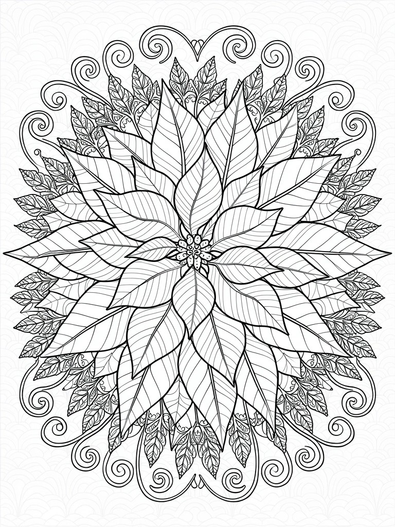 Detailed line drawing of a poinsettia flower arranged as a symmetrical mandala with layered leaves, petals, and swirling border patterns.