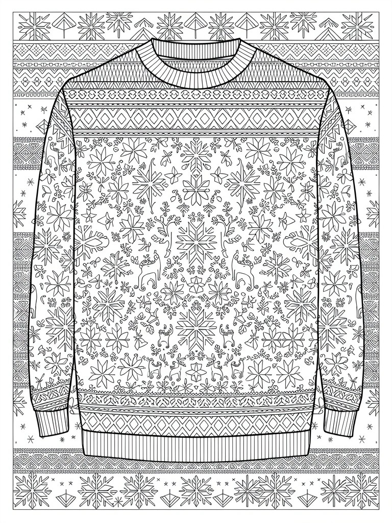 Black line drawing of a front-view Christmas sweater covered in snowflakes, reindeer, trees, and geometric patterns with borders.