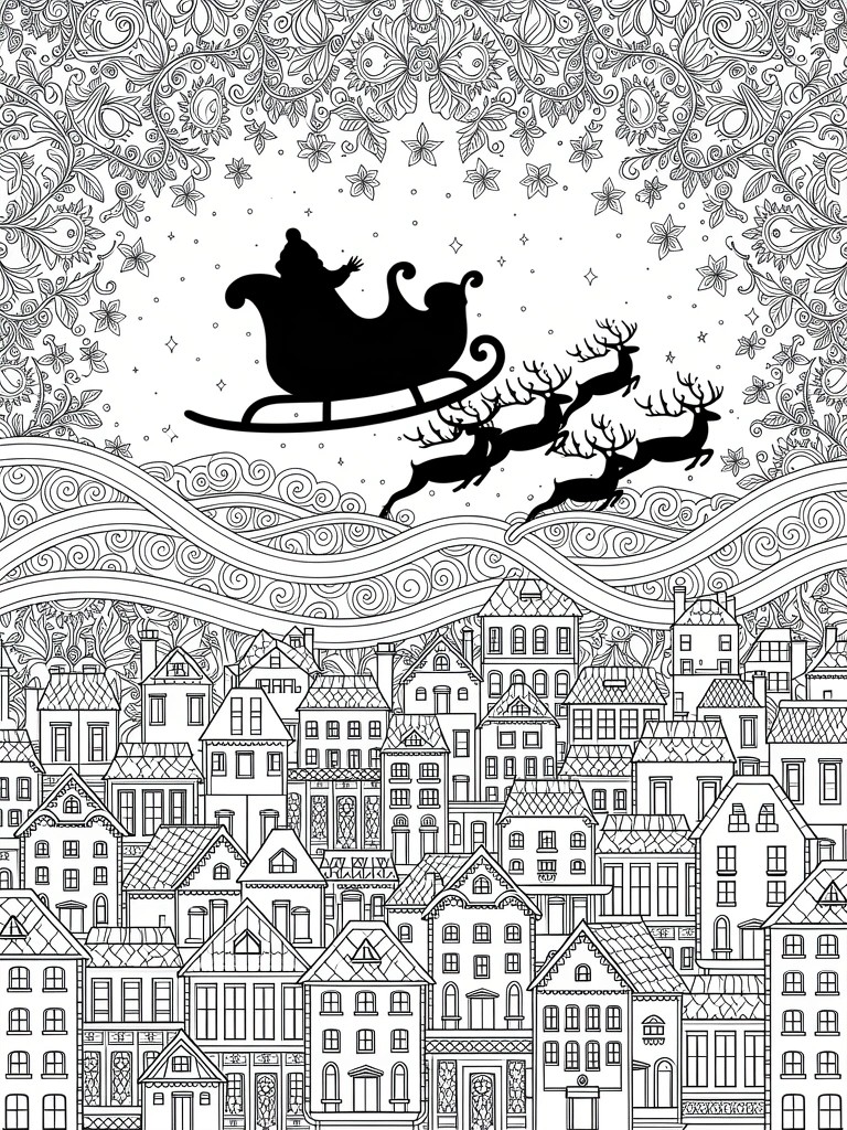 Black and white line art of Santa's sleigh with reindeer flying over wavy clouds and a detailed row of village buildings framed by snowflakes.