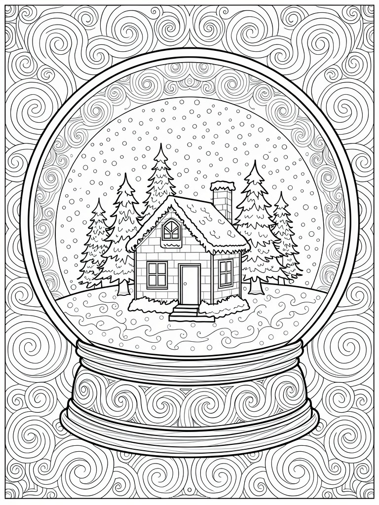 Line art coloring page of a snow globe holding a cabin, pine trees, and falling snow, with swirling patterns on the globe and base.