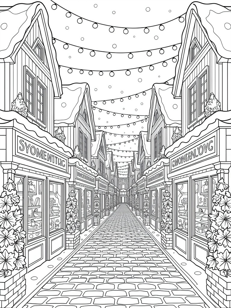 Black line art of a snowy Christmas village street with shops, houses, string lights, wreaths, and falling snowflakes.