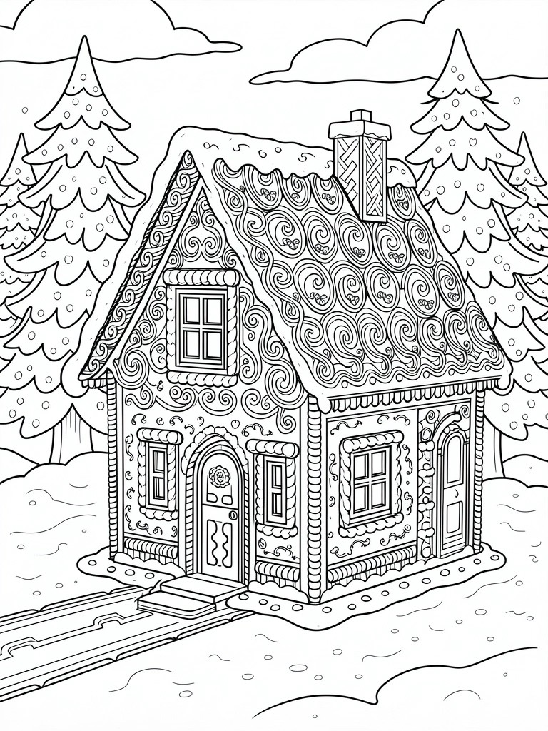 Line art of a detailed gingerbread house with swirling icing decorations surrounded by snow-covered pine trees and ground in a winter scene.