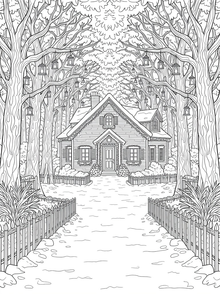 Line art of a snowy path through bare trees with hanging lanterns leading to a centered cottage house surrounded by a picket fence.