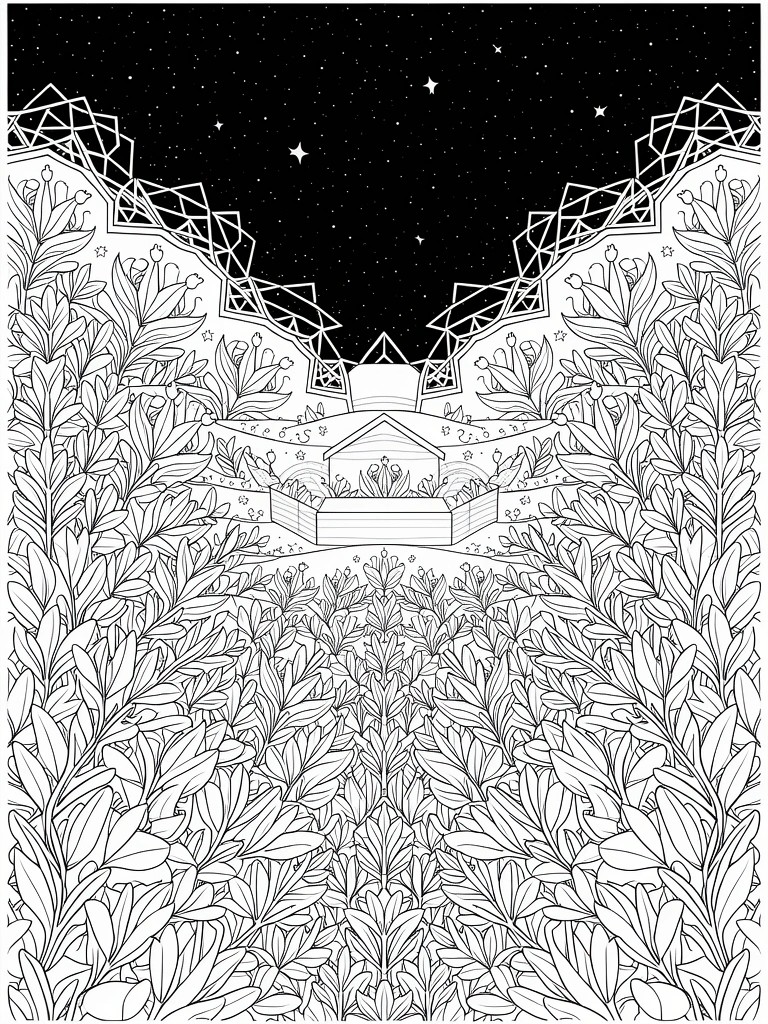 Symmetrical line art coloring page of a nativity stable under starry sky framed by dense floral and geometric patterns.