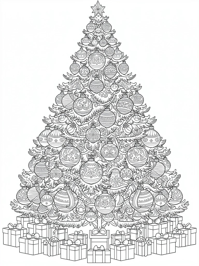 Black line drawing of a tall decorated Christmas tree with intricate ornaments, star top, and gift boxes at the base.