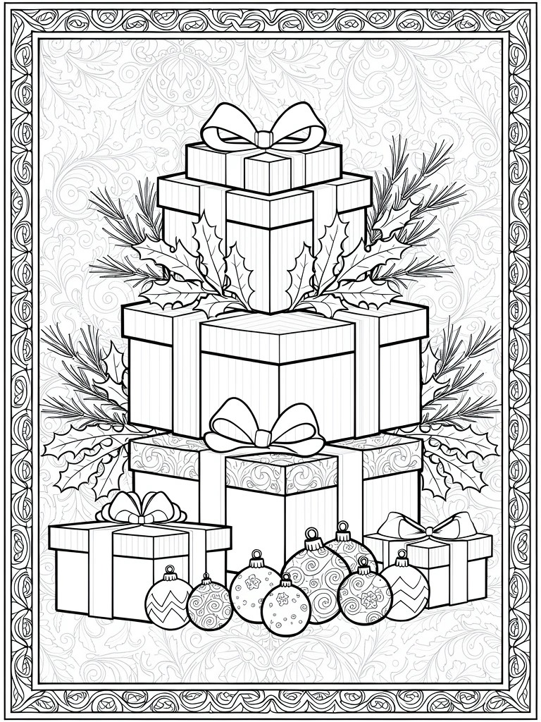 Coloring page of stacked gift boxes with bows, surrounded by pine branches, holly, and ornaments inside an ornate patterned frame.