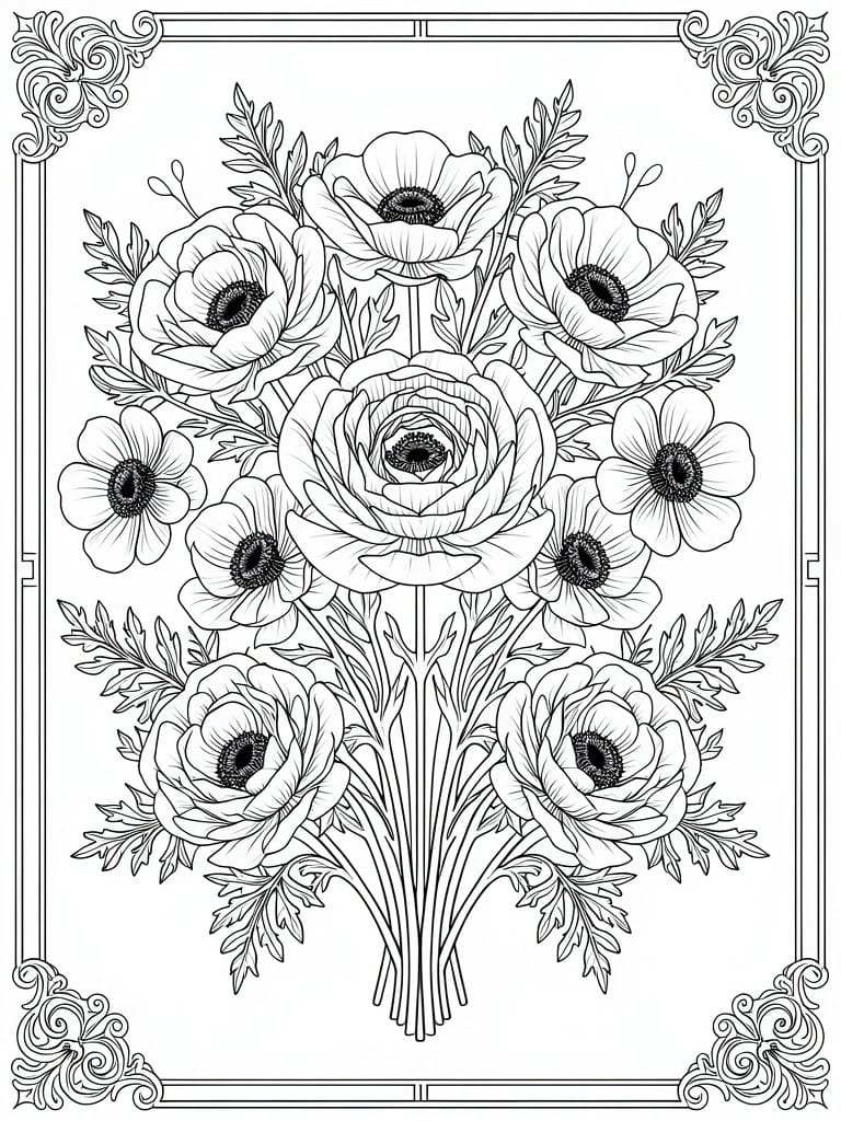 Line art coloring page featuring a bouquet of anemone flowers with dark centers, leaves, stems, and an ornate border frame.