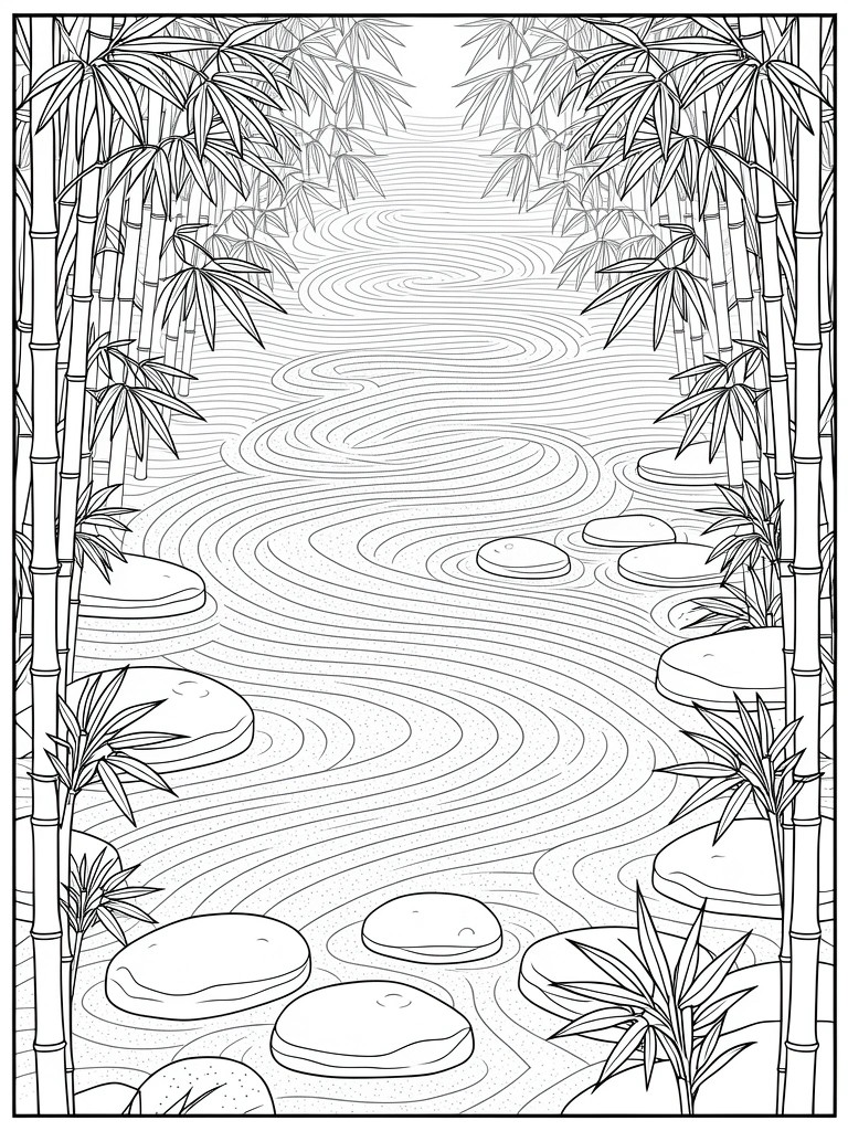 Line art of a curving stream path through bamboo stalks with rocks and fronds.