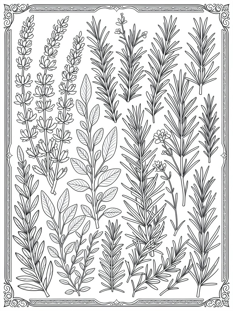 Line art coloring page featuring lavender, rosemary, and other herb sprigs symmetrically filling an ornate rectangular frame.
