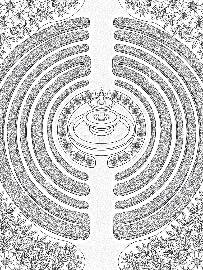 Line drawing of a symmetrical circular hedge maze surrounding a tiered fountain with floral borders.