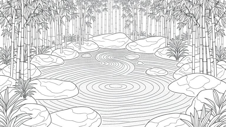 Line art of a curving stream path through bamboo stalks with rocks and fronds.