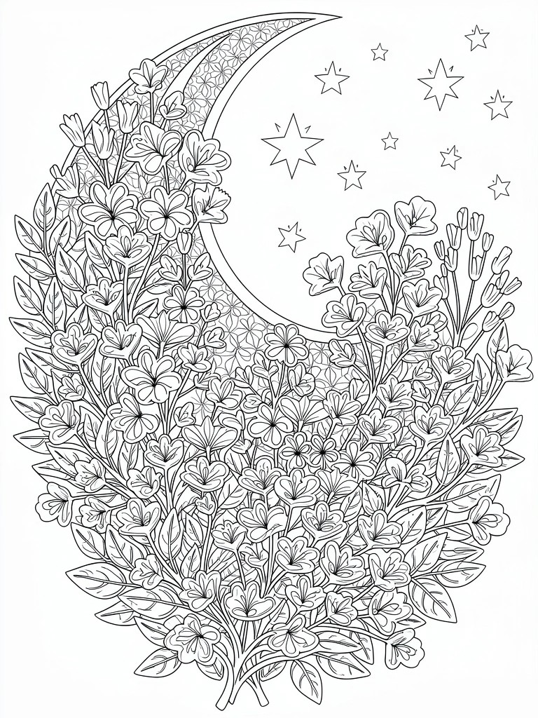 Line drawing of a crescent moon filled with detailed flowers and leaves, surrounded by scattered stars.