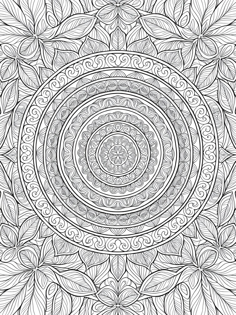 Black line art coloring page featuring a detailed mandala with concentric circles surrounded by leaves and flowers.