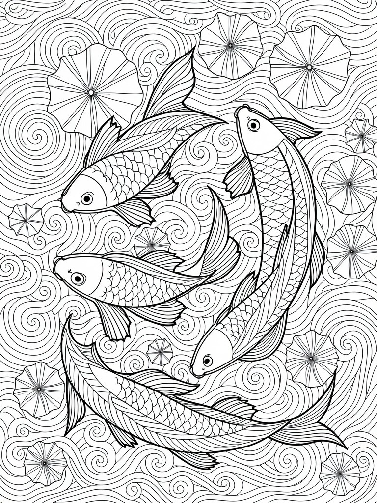 Black and white line art coloring page of koi fish swimming among large lotus flowers with swirling wave patterns.