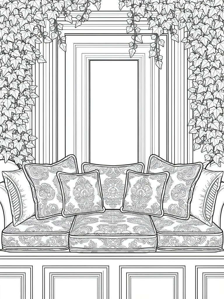Line art of an arched alcove frame covered in ivy with a bench seat holding three patterned cushions.