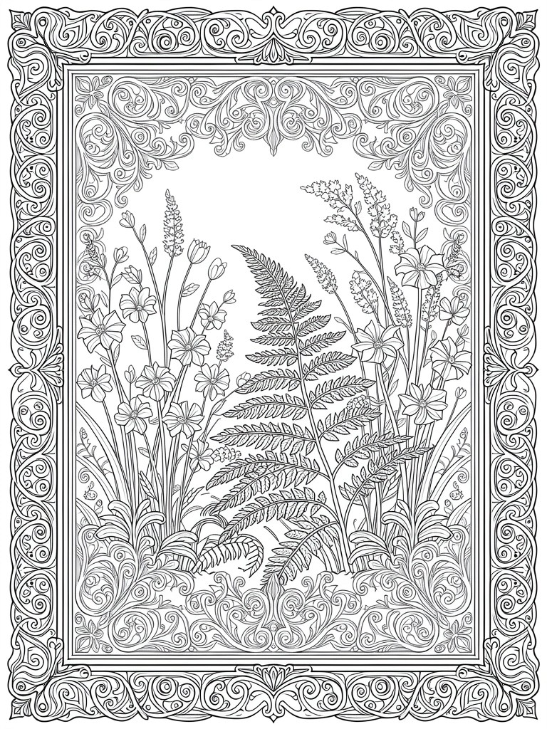 Line art coloring page featuring wildflowers, ferns, and an elaborate ornamental frame.