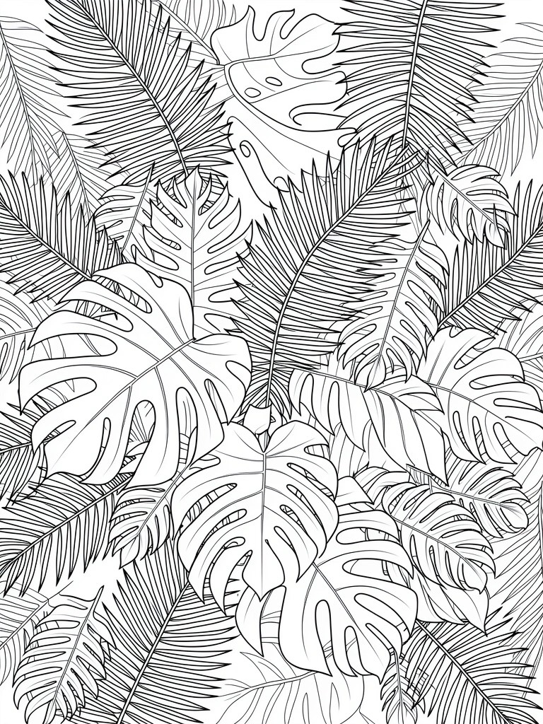 Black line art of densely overlapping tropical leaves including monstera and ferns filling the page.