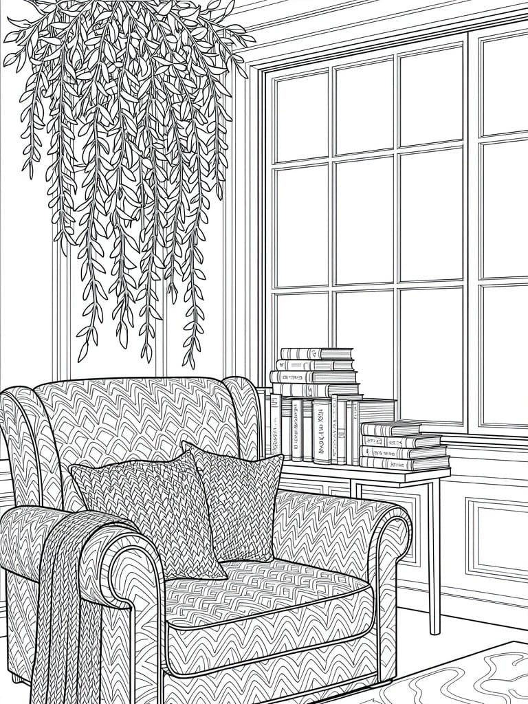 Line art coloring page of a patterned armchair with pillows and blanket next to a book table, under hanging trailing plant vines by a large window in an ornate room.