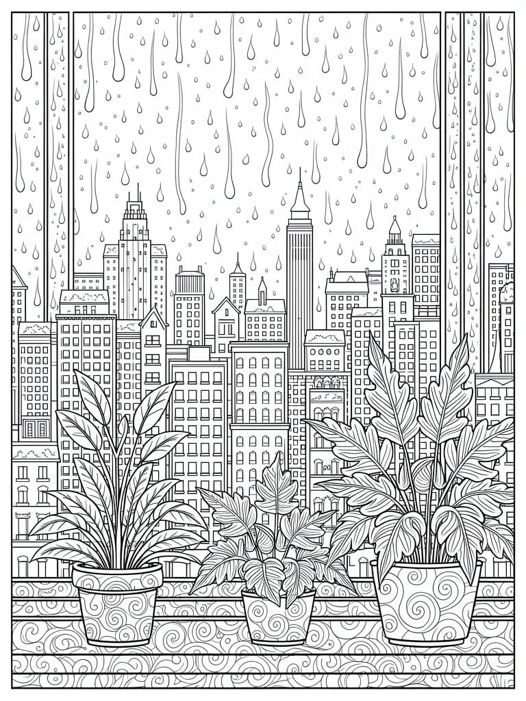Black and white line art of a rainy New York City skyline seen through a window with potted houseplants on the sill.