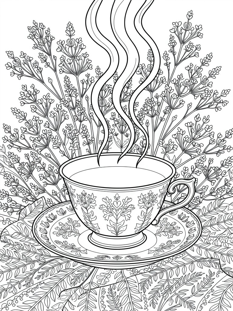 Line art of a teacup on a saucer with rising steam surrounded by lavender sprigs, herbs, and ferns.