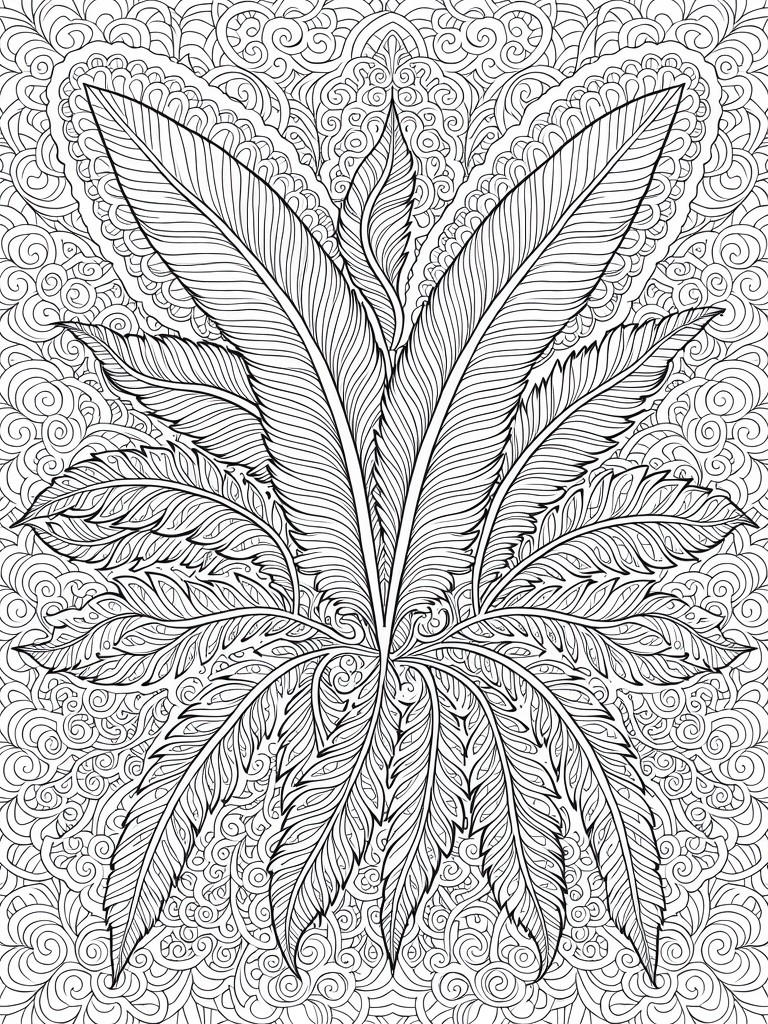 Black and white line art of symmetrical elongated frond-like leaves with intricate swirling background patterns.