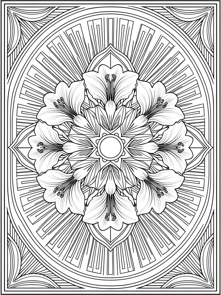 Black and white line art of a circular mandala featuring multiple lilies, sunburst rays, and geometric patterns inside an ornate square border.