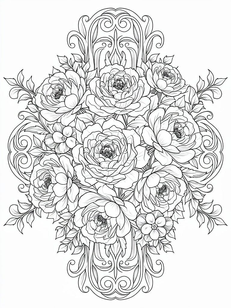 Line art coloring page of symmetrical peonies in a dense central cluster framed by ornate scrolling borders.