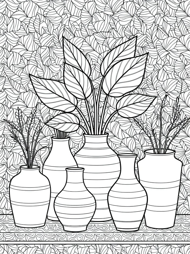 Line art of multiple vases with broad leaves, grasses, and a dense leafy background pattern.