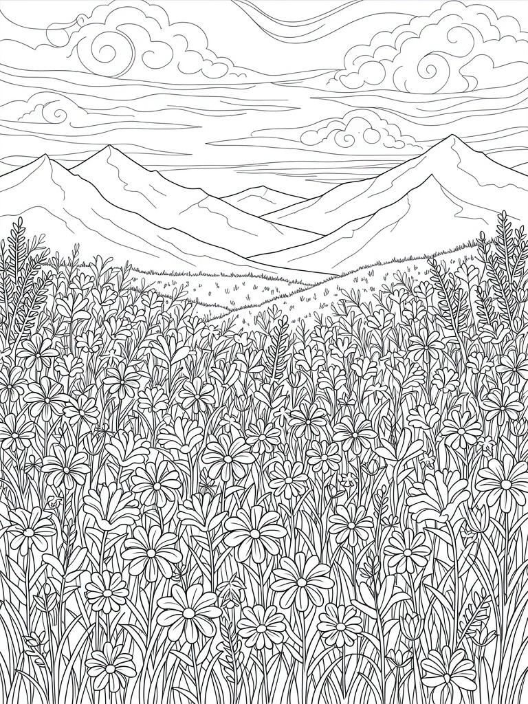 Line drawing of mountains behind a field of flowers and grasses with cloudy sky.