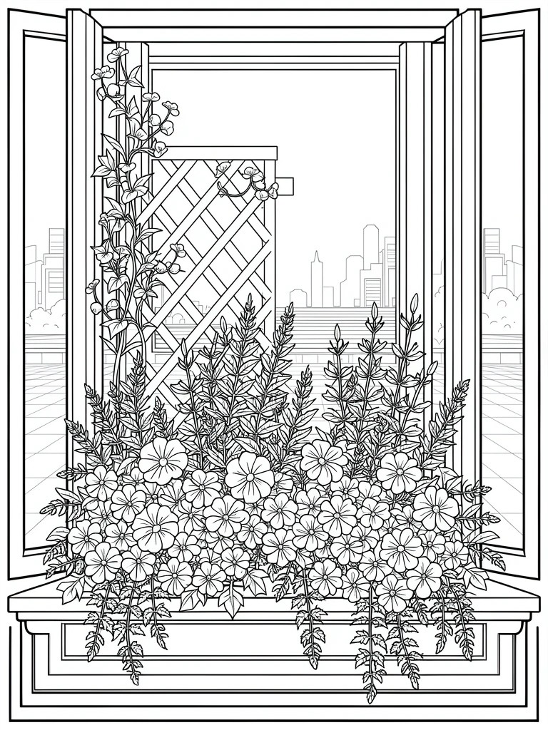 Black line drawing of an open window with flower-filled window box, climbing vines on trellis, and distant city skyline.