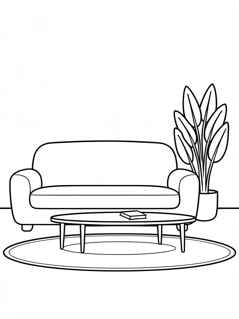 Outline drawing of a sofa, coffee table with book, round rug, and potted plant in a simple room scene.