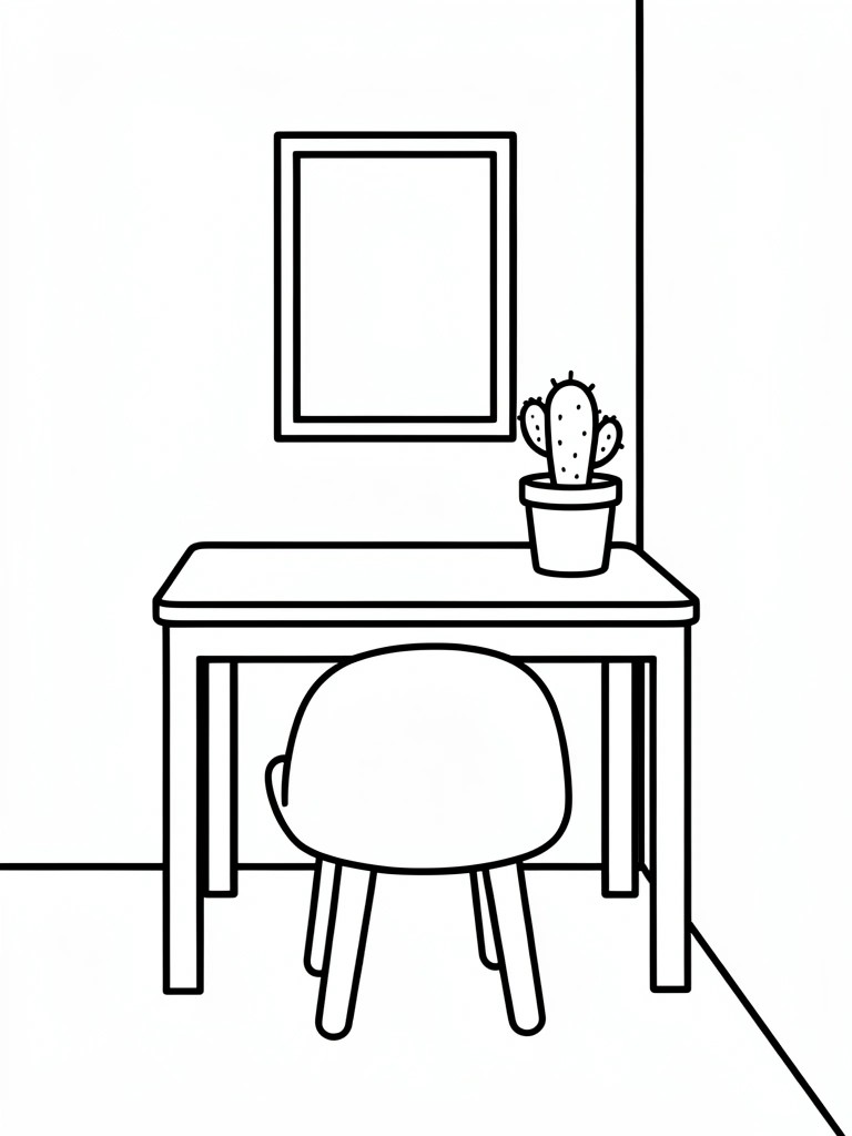 Line drawing of a room corner featuring a desk, chair, potted cactus, and empty wall frame.