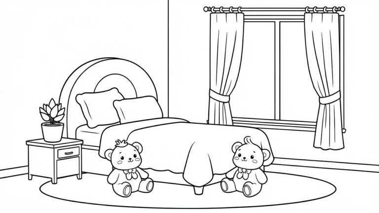 Black outline coloring page of a kawaii-style bedroom with bed, nightstand, plant, window, curtains, rug, and two teddy bears.