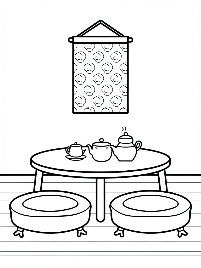 Black line drawing of a Japanese-style room featuring a round table with teapots, cup, cushions, and a patterned hanging scroll on the wall.
