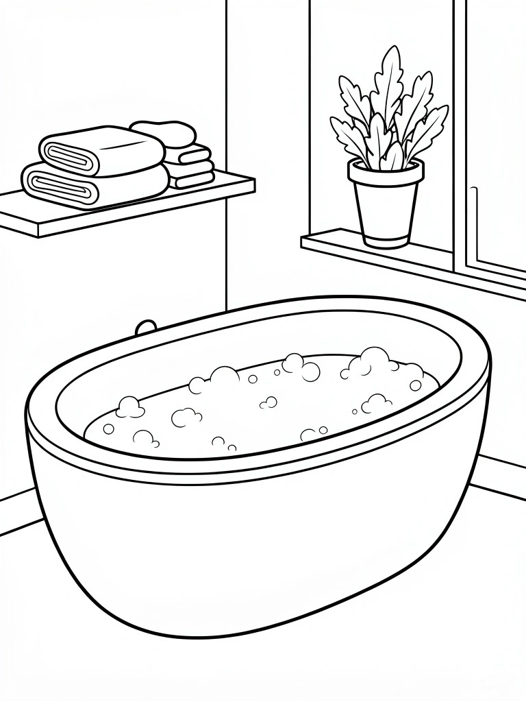 Line drawing of a bathroom with an oval bathtub full of bubbles, stacked towels on a shelf, and a potted plant on a windowsill.