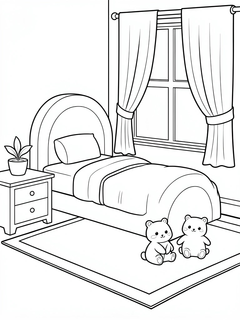 Black outline coloring page of a kawaii-style bedroom with bed, nightstand, plant, window, curtains, rug, and two teddy bears.